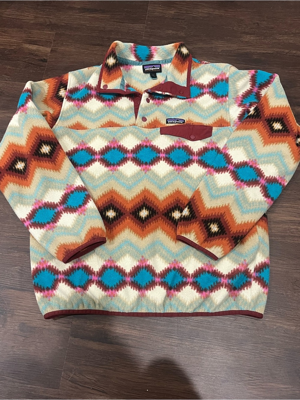 Patagonia Synchilla Snap T Pullover Timber Twist Cinder Red Aztec Women's Large - Picture 1 of 8